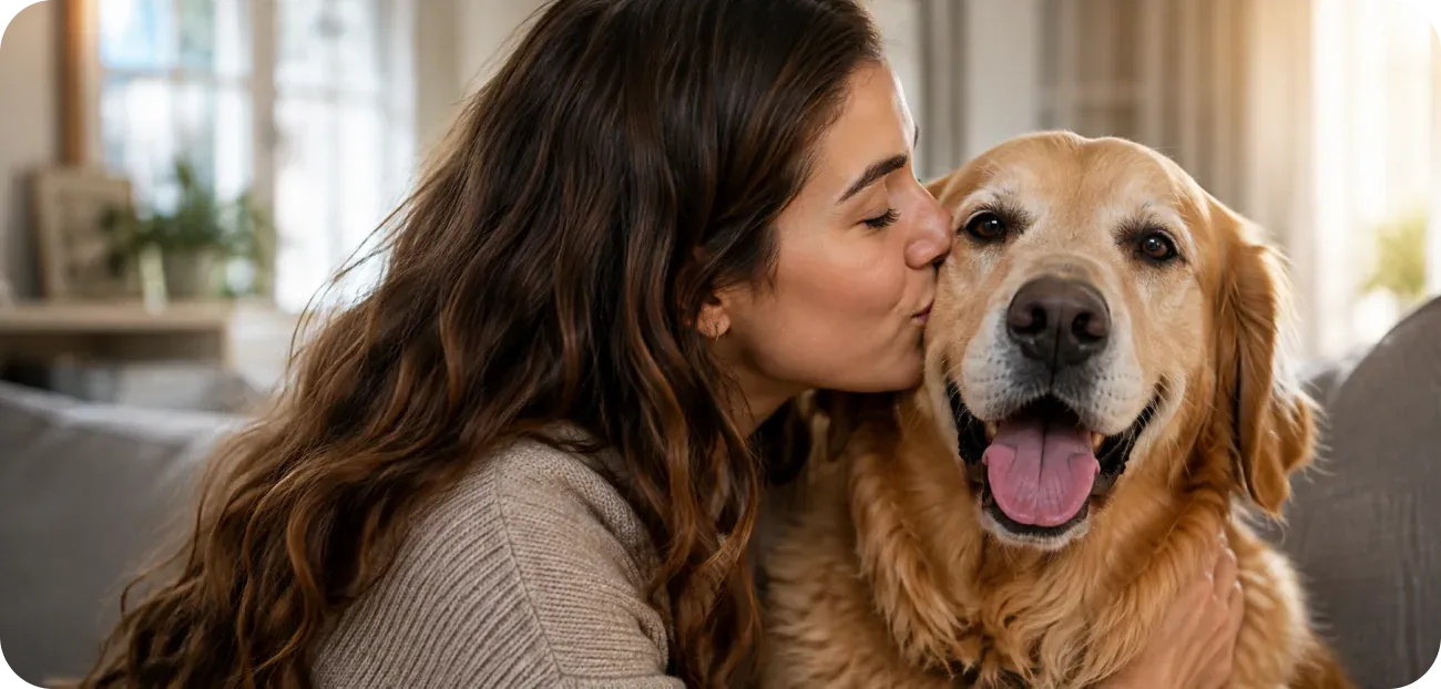A pet guardian kissing her golden retriever at home
