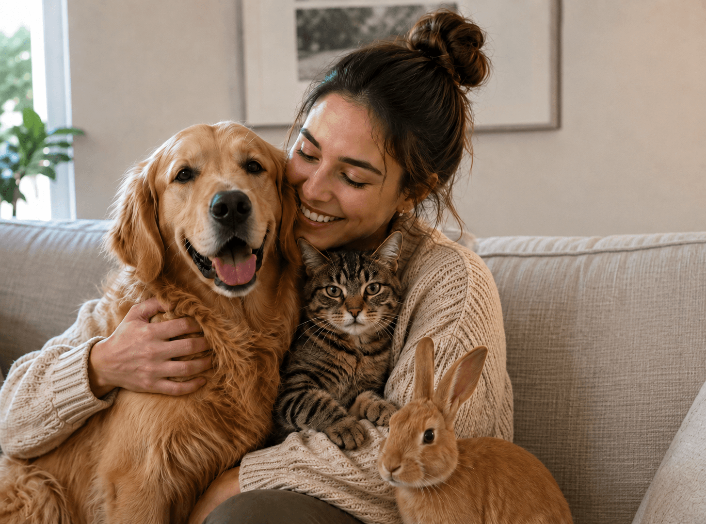 A pet guardian relaxing at home with a dog, cat and rabbit